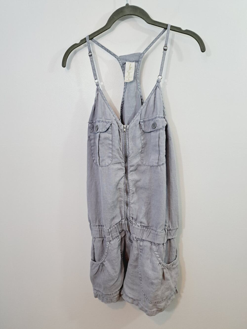 London Jean Womens Light Blue Gray Zip Up Romper Large Linen